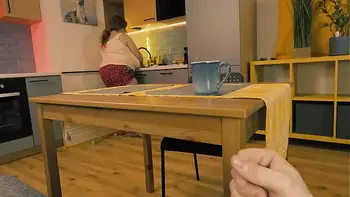 Stepmom noticed her stepson jerking off under a table and decided to help