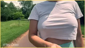 MILF runs braless in public tit flash dare