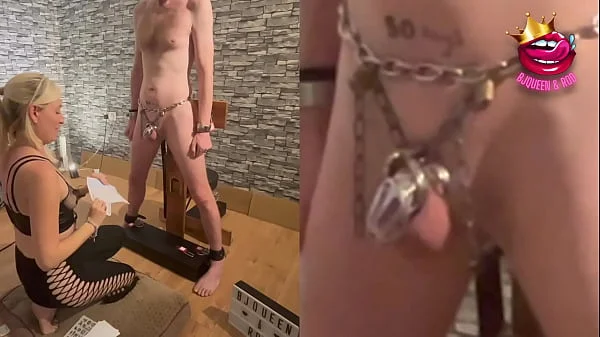 Femdom restrains sub and tricks him back into chastity with sentencing reveal