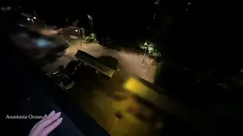 Risky public sex on balcony. Hotwife