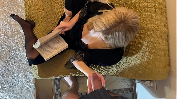 Hot Blonde New Petite Wife gives an Incredibly Sexy and Teasing Handjob in a Nightie with Black Stockings at Home to Take as much as Precum possible from Big Cock by Playing Balls