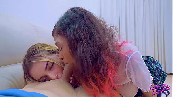 Stepfather sees that his goddaughters dressed as students were very sexy and decides to fuck the two nymphets!