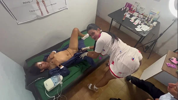 doctor threesome, she takes out the semen from her patient's stepbrother and masturbates her cute hot and slutty busty and big ass patient