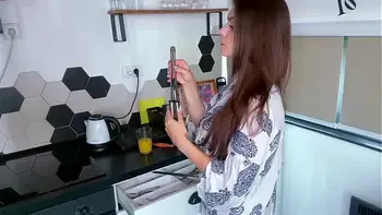 Milky Stepmother's Boner was Licked by Her Stepson on the Kitchen