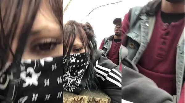 Emo slut gets fucked on tree stump in public