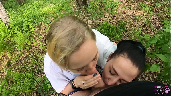 Amateur threesome blowjob outdoors