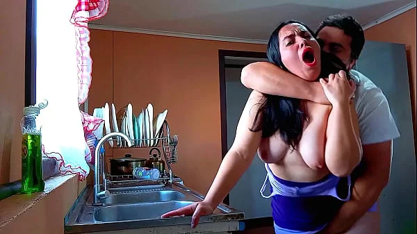 Fucking my stepmom in the kitchen topless and moaning loudly