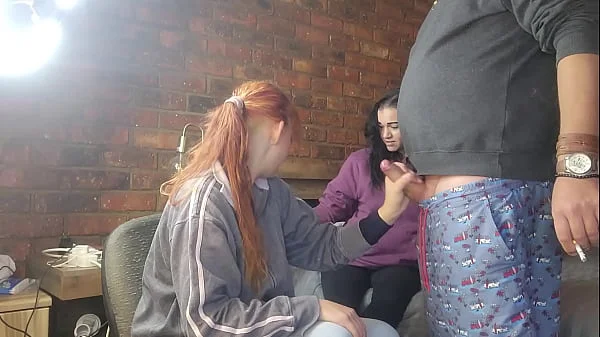Two shy girls playing with my massive cock