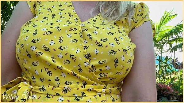Wifey heads out in a cute summer dress braless and looks amazing with her blonde hair.
