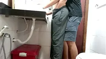 Maid is caught in the bathroom.