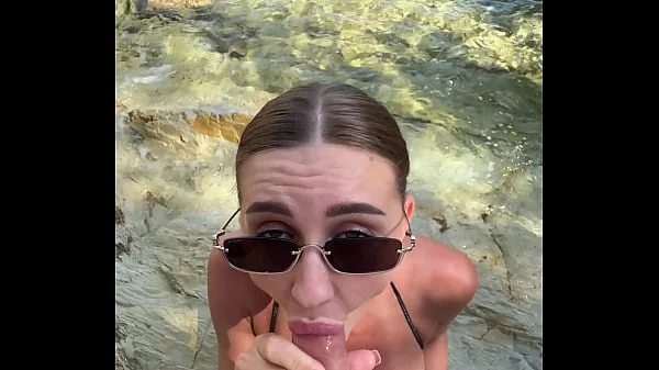 Best blowjob with cum on face and tits from a stranger on the beach