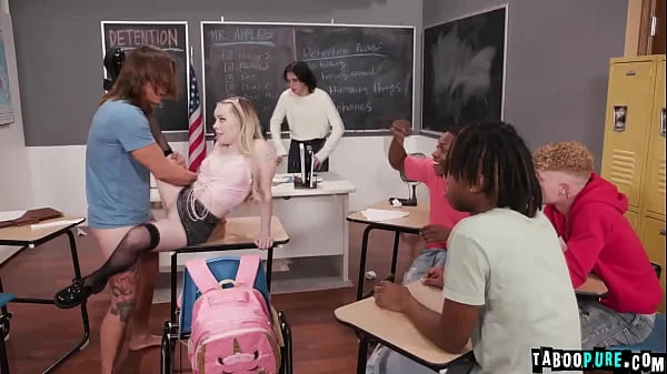 Girlfriend Haley Spades gangbanged by group of horny boys, Robby Apples, Elias Cash, Parker Sims, Mighty Dee, Axel Haze, and Leo Malone in class room!