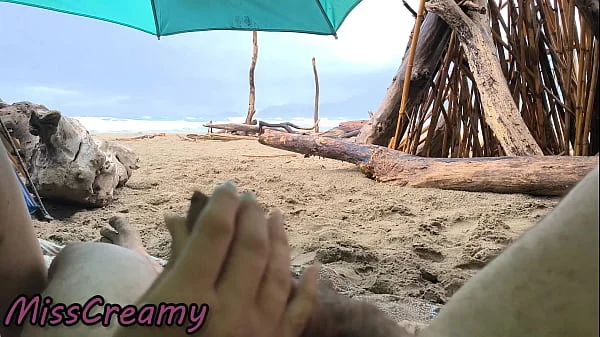 4K - Public Sex in the Storm! MissCreamy Handjobs My Cock on the Beach!