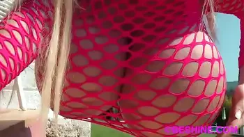 Mayra Hills (Beshine) German Blonde Dangles Massive 32ZZZ Tits from Pink Fishnet by Pool