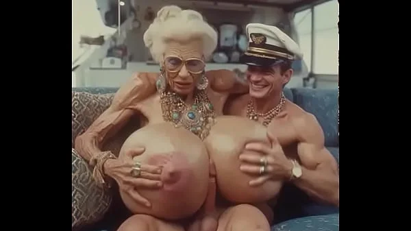 JAY7 Granny Boob Cruise 01 - AI VIDEO - A topless and horny granny with huge bolt-on tits gives a crazy titjob to the skipper