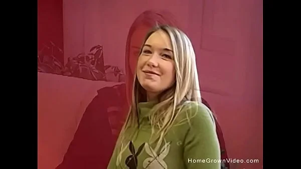 Adorable blonde amateur teen rubs her hairless pussy