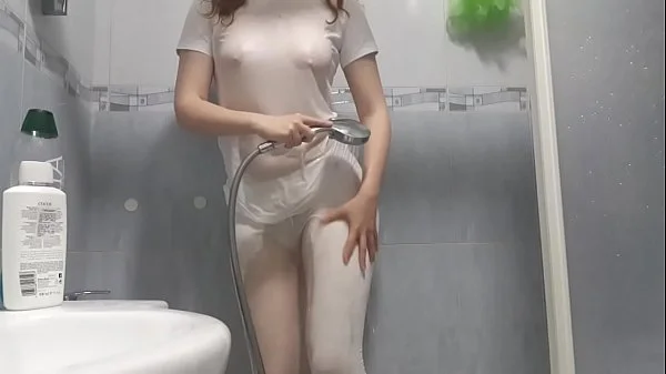 White shirt and tights shower with a redhead!
