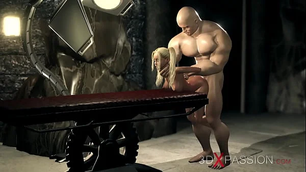 A sexy blonde gets fucked by a big monster in the dark dungeon