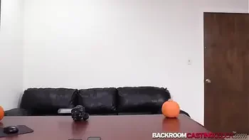 Young babe Alyssa auditions for anal creampie on black couch