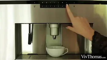 Lesbians having hard orgasms in the kitchen with their morning espresso