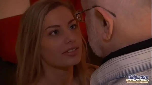 Tasty blonde lets grandpa fuck her pussy and sucks his cock until he cums inside and she swallows