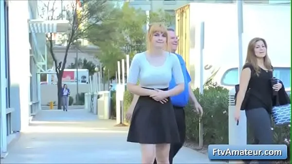 Sexy big tit blonde teen Alyssa show her natural big tits in public places