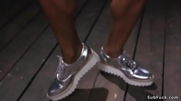 Busty ebony bodybuilder dominates man