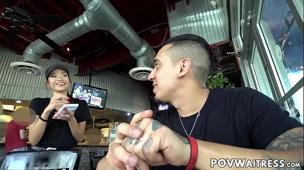 Young Asian waitress Vina Sky does anything for extra cash