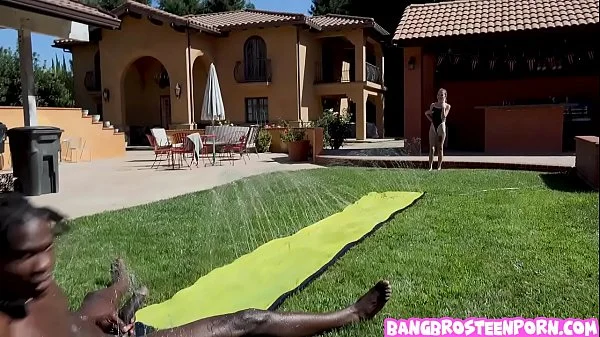 Teenie blonde Kate Bloom playing Slip and Slide and Suck!