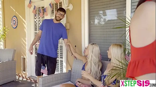 Two blonde teens team up on his big dick on 4th of July