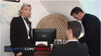 Threesome At The Office With A Cougar In Stockings