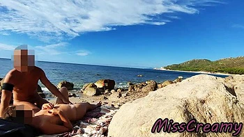 French Amateur Wife Miss Creamy Fucks Big Cock on Nude Beach - Public Sex & Cum in Mouth