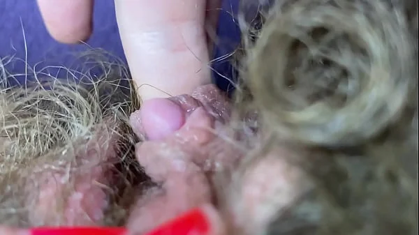 Testing Pussy licking clit licker toy big clitoris hairy pussy in extreme closeup masturbation