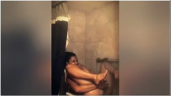 Ebony Babe In Shower Masturbating