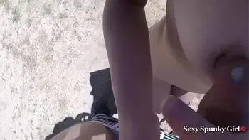Risky outdoor sex and cum on Tits (nervous first time Teen). Sexy Spunky Girl