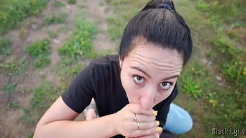 Ponytail Brunette Sucks Cock Outdoors