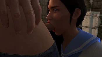 Two Girls Stalk a Guy in the Bathroom for a Threesome