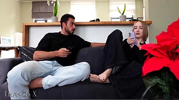 Polly Yangs And Francis X In Horny Blonde Gets Fucked Hard On The Couch While Talking To Her Boyfriend