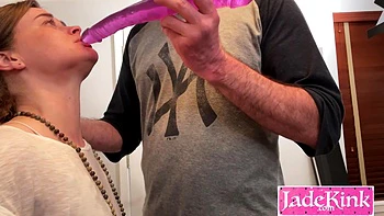 Deepthroat training innocent girlfriend with huge dildo