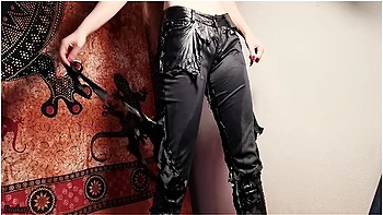 Topless Beauty Pisses Through Her Ruined Leather Trousers