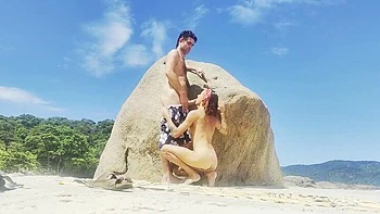 Skinny Brunette Magia Rosa Hides on Rio Beach for Outdoor Blowjob & Sex with Huge Cock