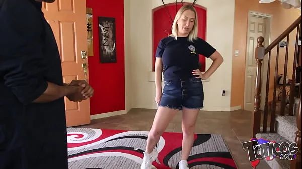 You Broke my Cookie Jar! Blonde w/ big tits gets pissed off and goes Karen on her black handyman then straddles his big black cock on the stairs. After doggystyle interracial fuck she swallows his cum on theshimmyshow episode 57 ft Quinn Water