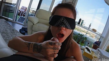 Gabriella Lati gets her tongue on a cock while blindfolded