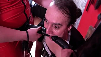 Femdom. Two Gorgeous Dominatrixes In Latex Fucked The Maid In All Holes