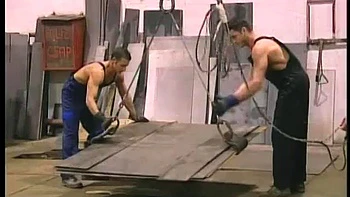 Factory coworkers slamming hard in homosexual threesome