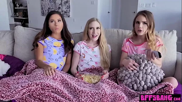 Pervy stepbrother drilling three lesbian teen pussies