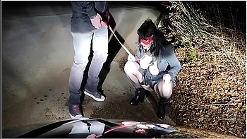 Piss Whore In Dog Collar Receives Golden Shower And Hot Cum In Her Mouth In A Public Road Interrupte