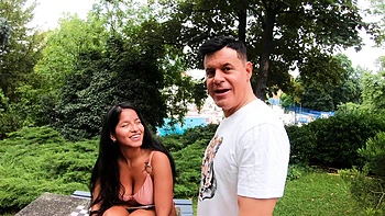 Amy Amor gets her big tits vibrated by horny couple