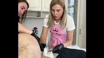 During a shaving lesson, a client Cumshot on my student