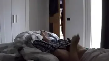 My teen stepdaughter spies me masturbating on bed